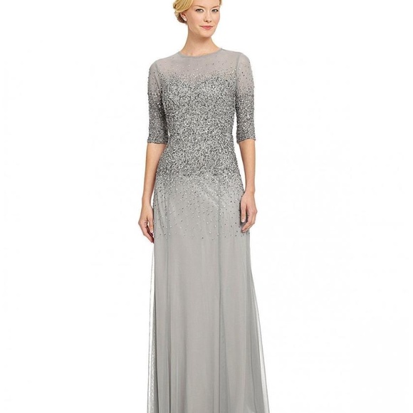 NEW Adrianna Papell Beaded Illusion Bodice Mesh Gown in Grey‎ [Petite SZ 4P ] - Picture 7 of 9